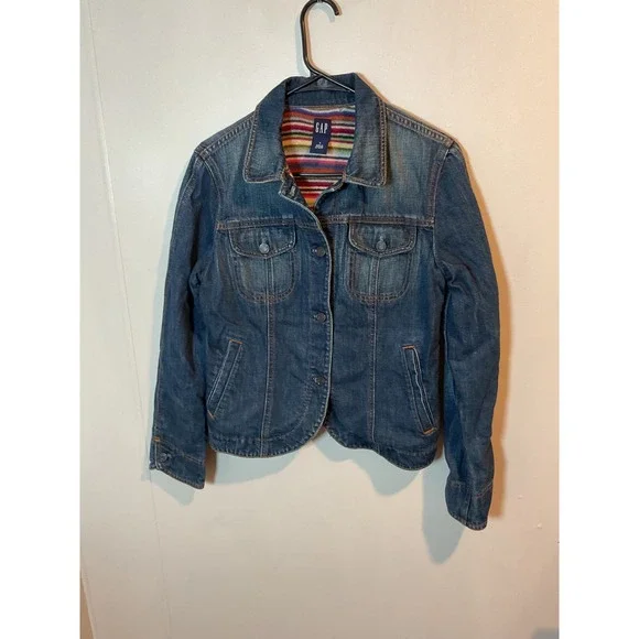 GAP Denim Jacket Womens Small Blue Jean Coat Colorful Striped Lined Button Small - Picture 1 of 9
